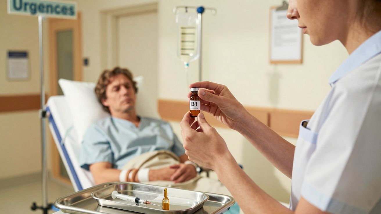 Enfermeira prepara medicamento B1 para paciente internado na urgência de hospital.