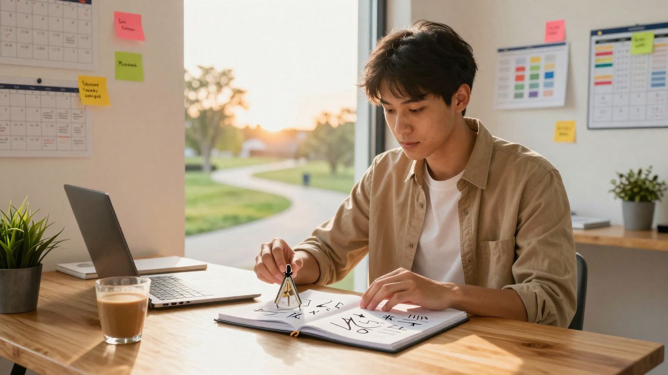 Jovem a estudar matemática com compasso no caderno, sentado numa secretária junto a uma janela grande.