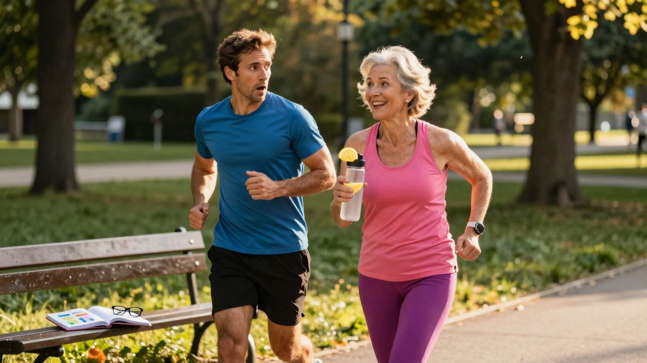 Homem e mulher seniores a correr e sorrir num parque durante o dia.