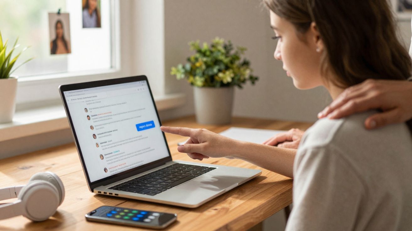 Pessoa a apontar para o ecrã de um portátil com mensagens enquanto outra pessoa conforta com a mão no ombro.