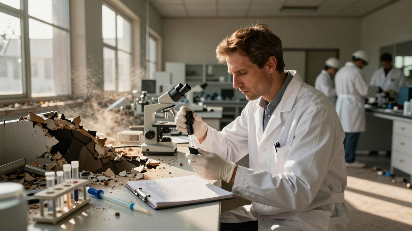 Cientista em laboratório a analisar amostra perto de buraco na parede com fragmentos espalhados.