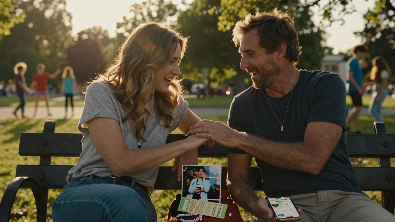 Casal sorridente sentado num banco de parque, a segurar as mãos e a olhar um para o outro.