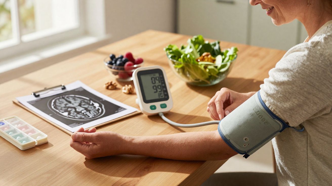 Pessoa a medir a pressão arterial em casa com aparelho digital, próximo a frutas, salada e medicamentos.