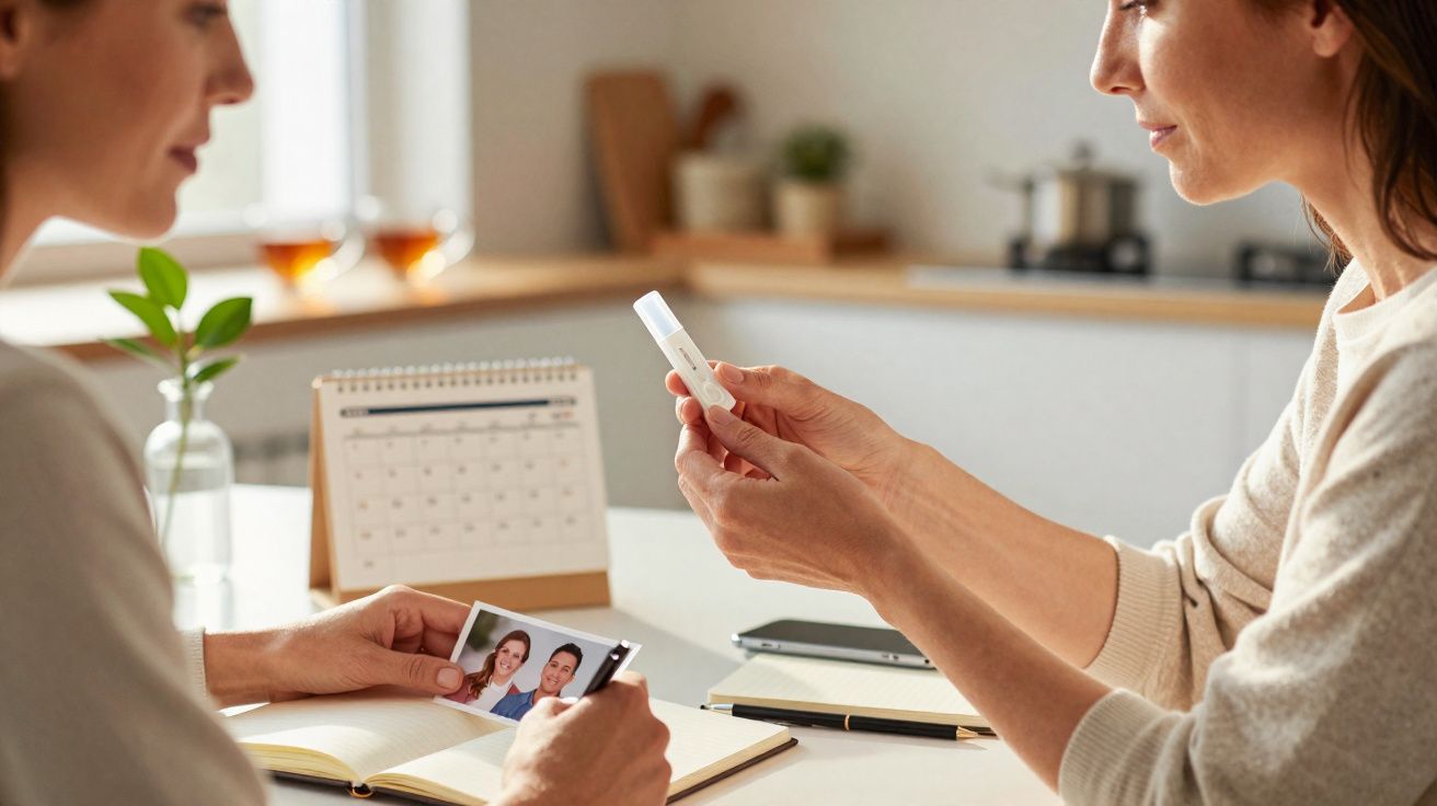 Duas mulheres sentadas à mesa, uma segura um teste de gravidez e a outra uma fotografia de casal.