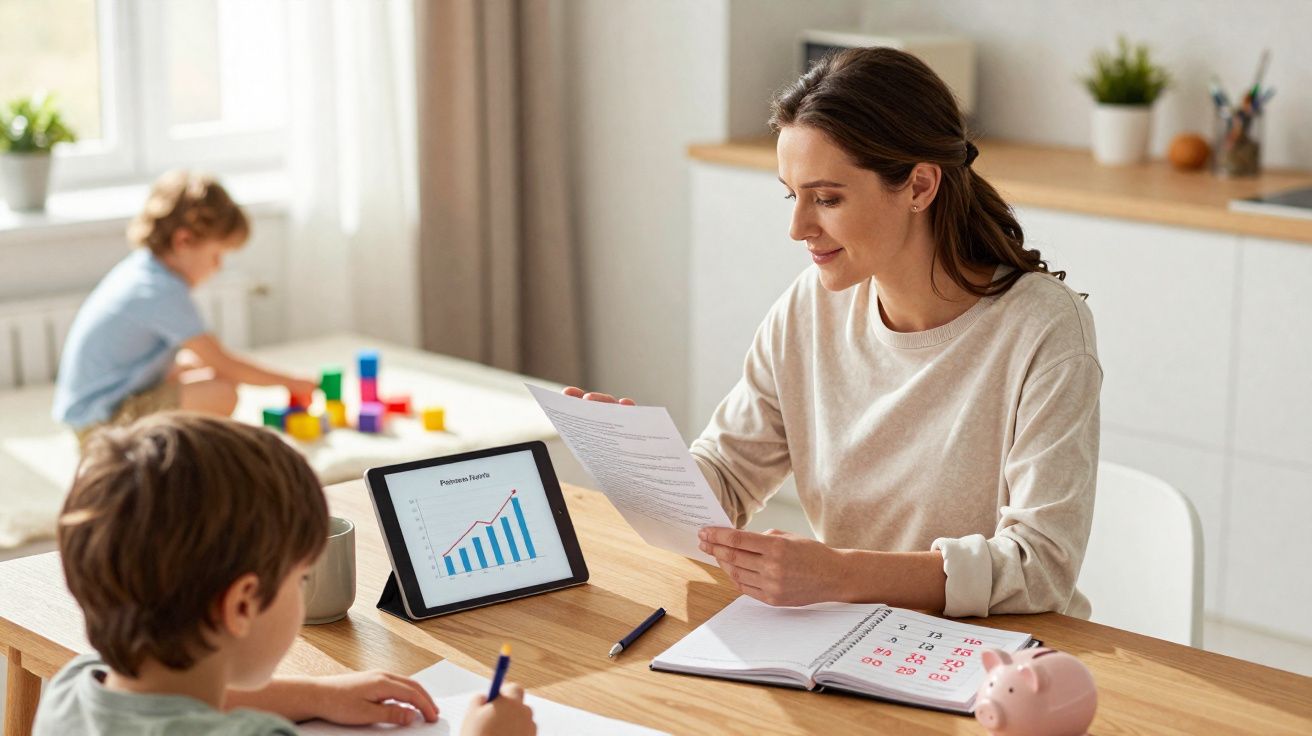 Mulher a trabalhar em casa com criança a escrever e outra a brincar com blocos coloridos ao fundo.