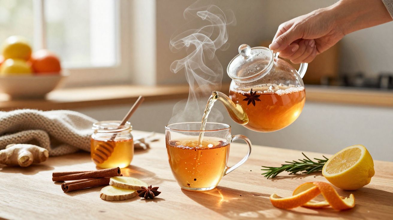 Mão a servir chá quente numa chávena transparente, rodeada de mel, canela, limão e ervas aromáticas.