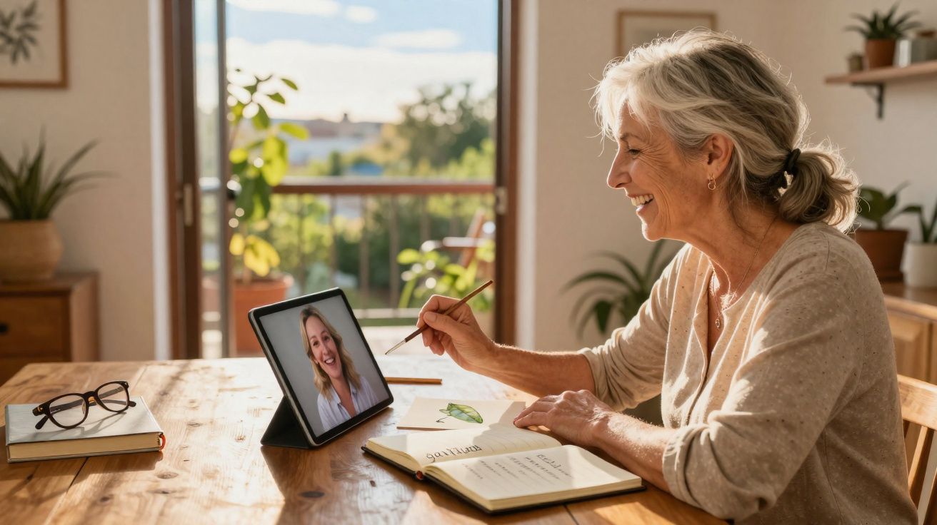 Mulher sénior alegre a desenhar numa caderneta enquanto conversa por videochamada numa tablet numa sala iluminada.