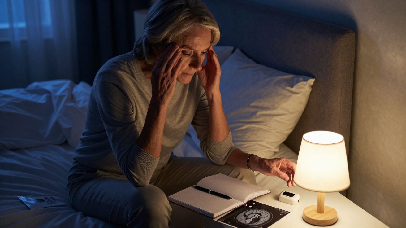 Mulher sentada na cama de noite, olhando preocupada para exames médicos e notes na mesa de cabeceira.