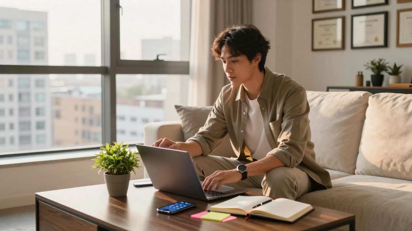 Jovem a trabalhar num portátil sentado num sofá numa sala iluminada com janelas grandes e plantas.