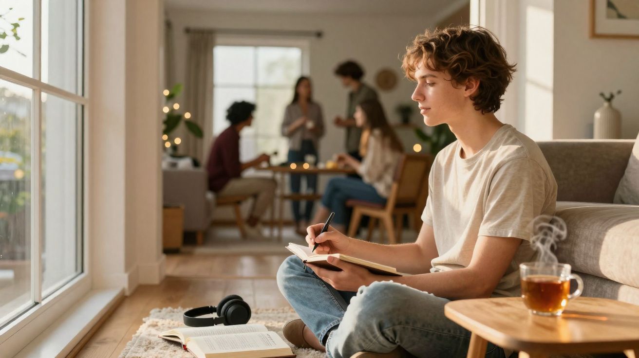 Jovem sentado no chão a escrever num caderno com chá quente e livro aberto, enquanto grupo conversa ao fundo.