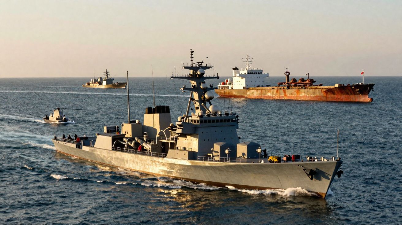 Navio militar na frente com dois navios e um bote ao fundo no mar durante o dia.