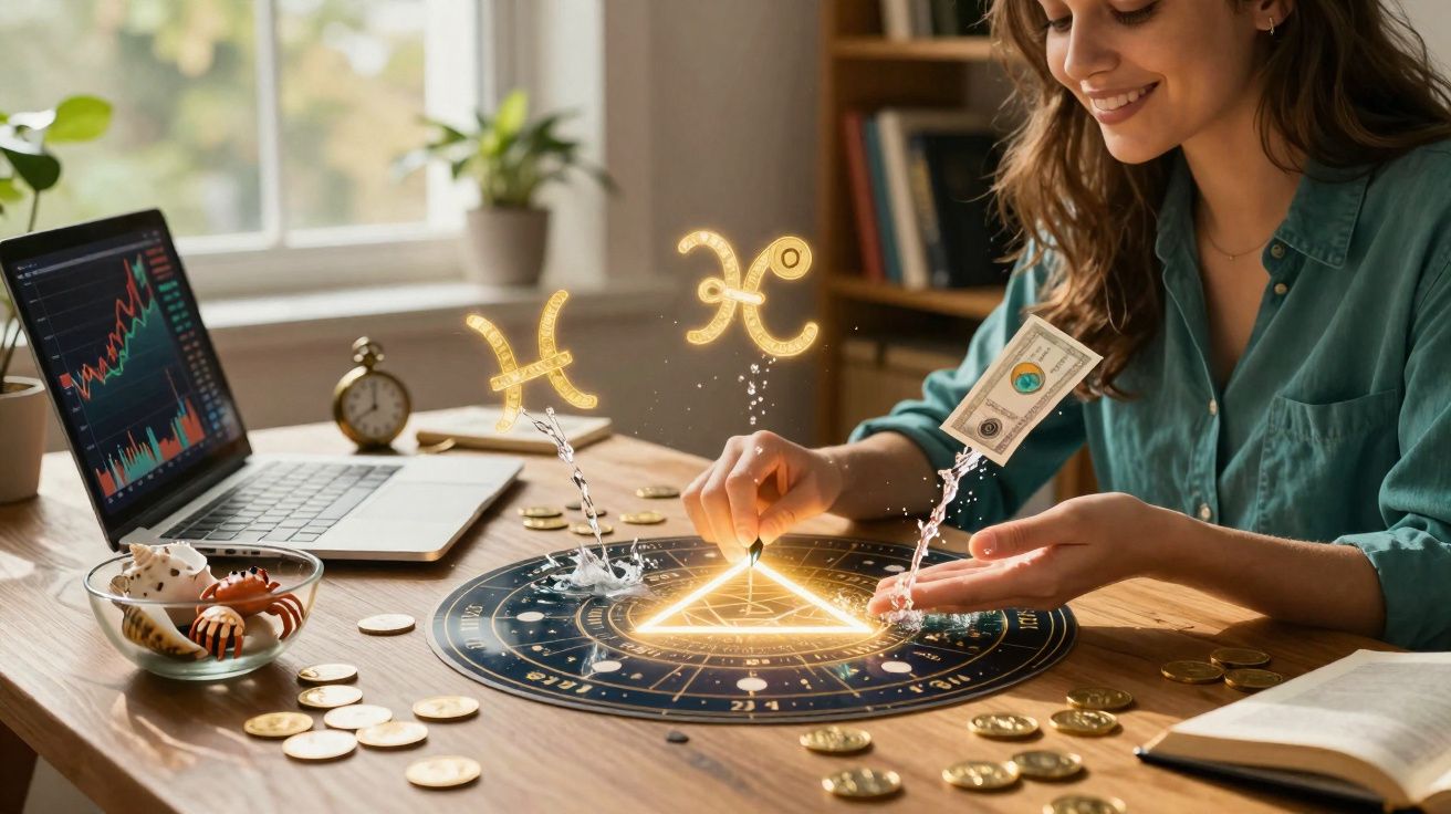 Mulher sorri enquanto analisa mapa astrológico com símbolos de Peixes e dinheiro flutuante num ambiente de trabalho.