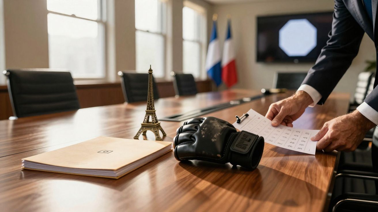 Mesa de reunião com miniatura da Torre Eiffel, luva de boxe e mãos a organizar papéis.
