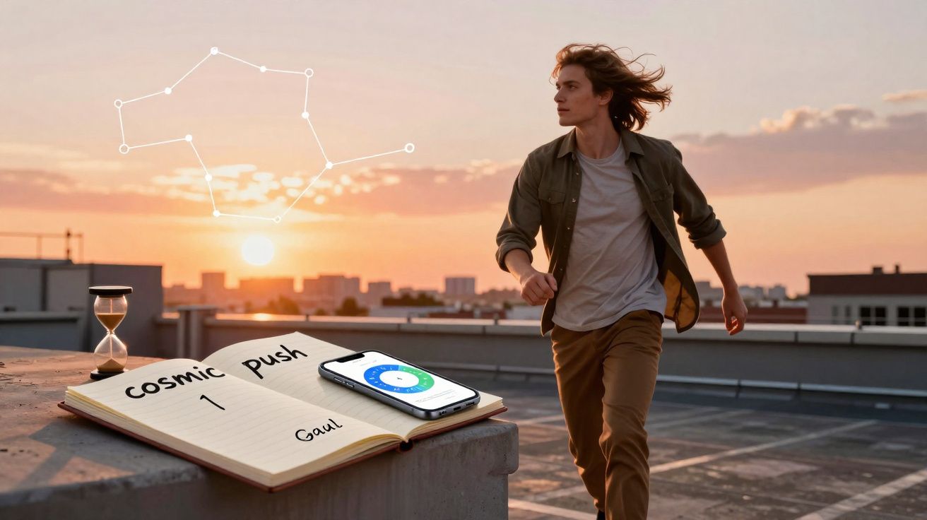 Jovem numa cobertura ao pôr do sol com caderno, ampulheta e telemóvel a mostrar aplicação de astrologia.