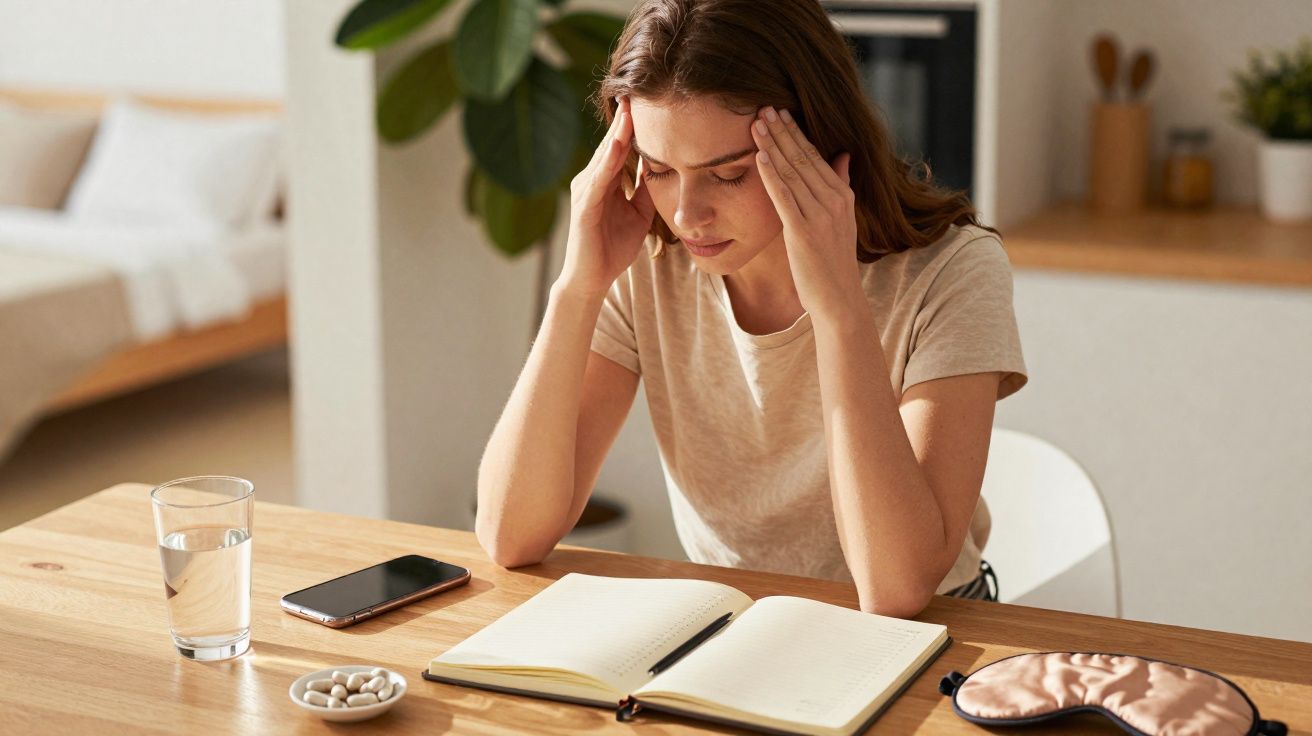 Mulher sentada à mesa com expressão de fadiga, rodeada por caderno, telemóvel, comprimidos e copo de água.