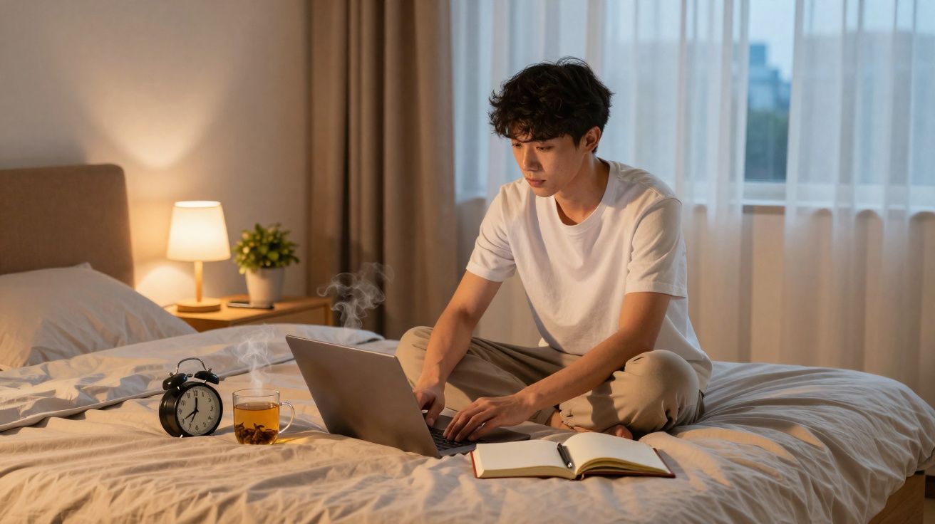 Jovem sentado na cama a trabalhar no portátil com chá e livro aberto ao lado, quarto iluminado à noite.