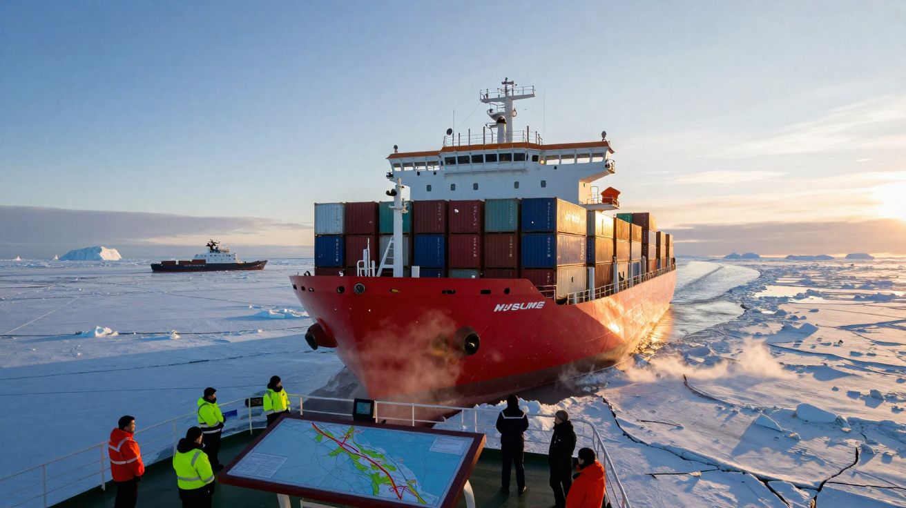 Navio de carga vermelho atravessa gelo ártico acompanhado por vários tripulantes em segundo plano.