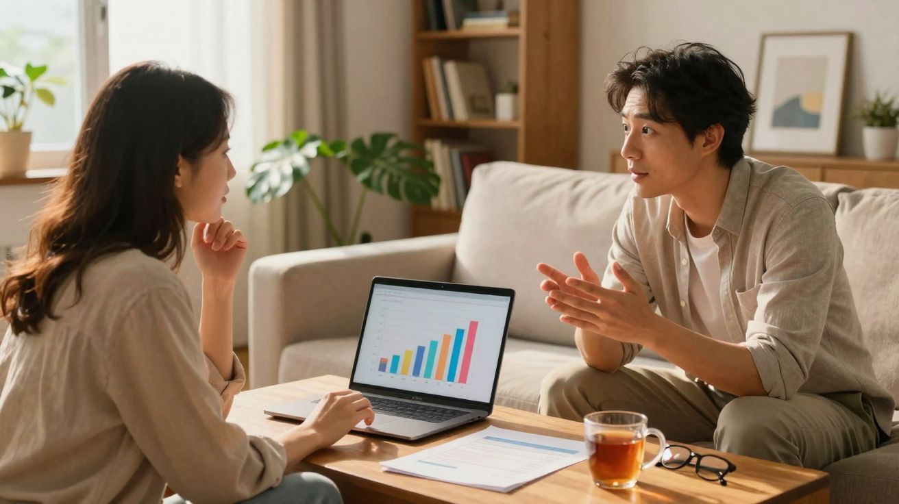 Duas pessoas a discutir dados de gráfico colorido num portátil numa sala de estar acolhedora.