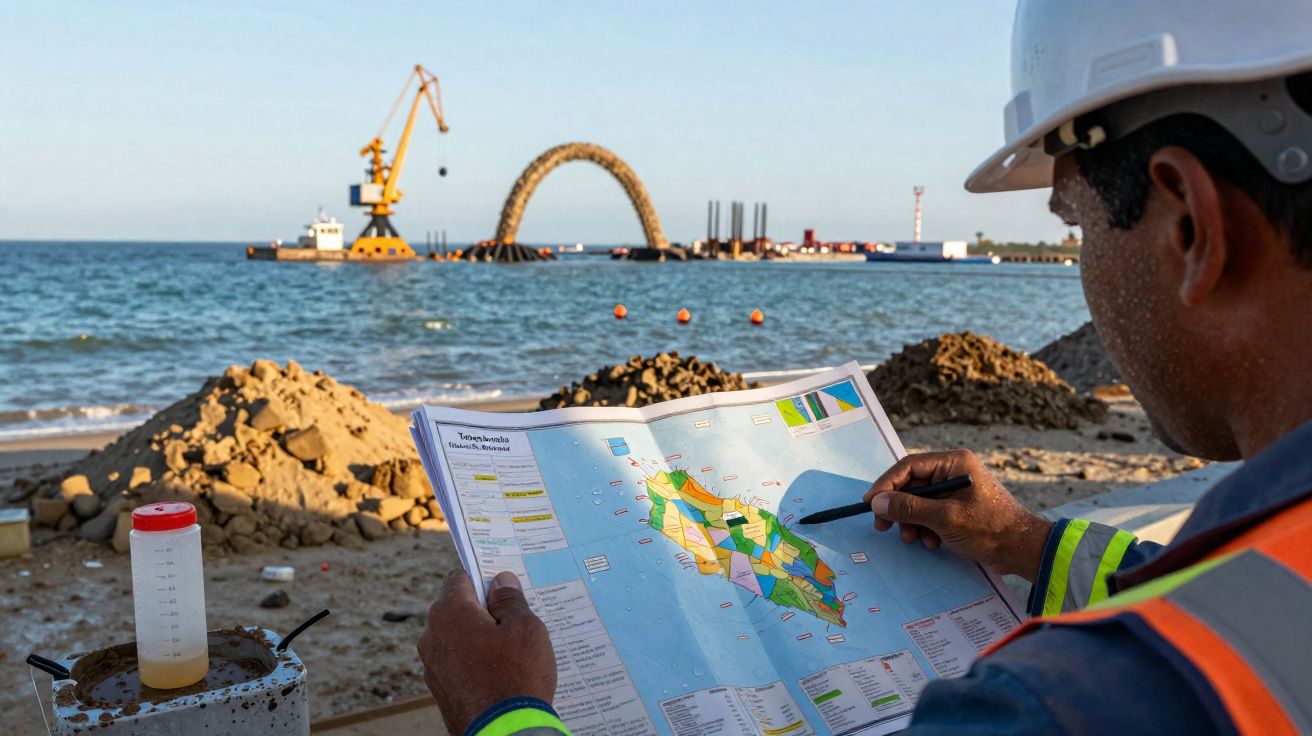 Engenheiro com capacete a analisar mapa junto a obra marítima com grua e estrutura em arco no mar.