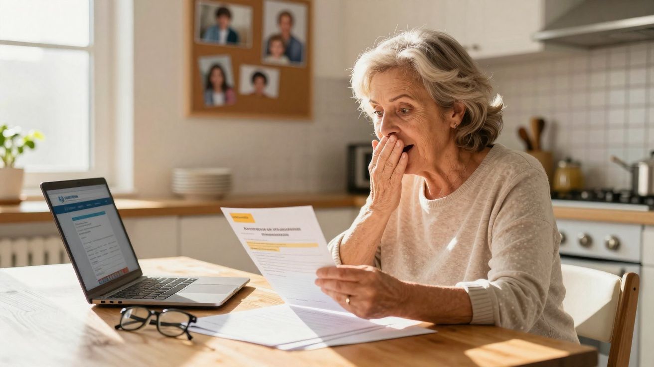 Mulher idosa surpreendida a ler uma carta com expressão de choque, numa cozinha, com computador portátil à frente.