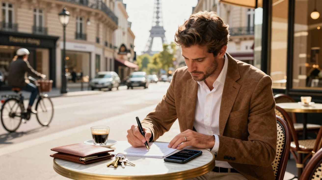 Homem escreve num papel sentado numa esplanada em Paris, com a Torre Eiffel ao fundo.