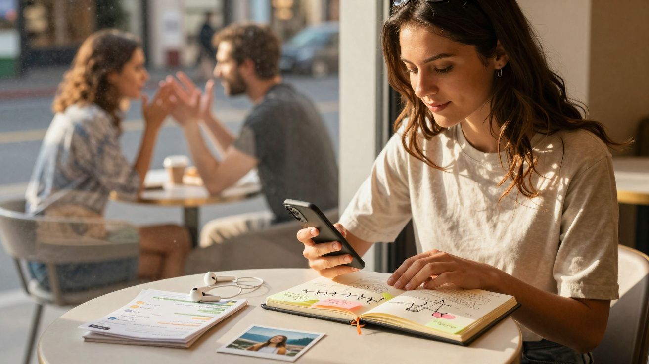 Jovem sentada numa mesa de café, a estudar e a usar o telemóvel, com casal a conversar ao fundo.