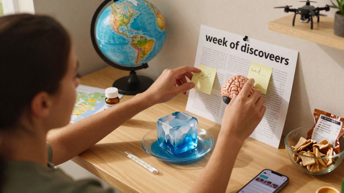 Pessoa a estudar com globo terrestre, modelo de cérebro, bloco de notas e objetos numa secretária.