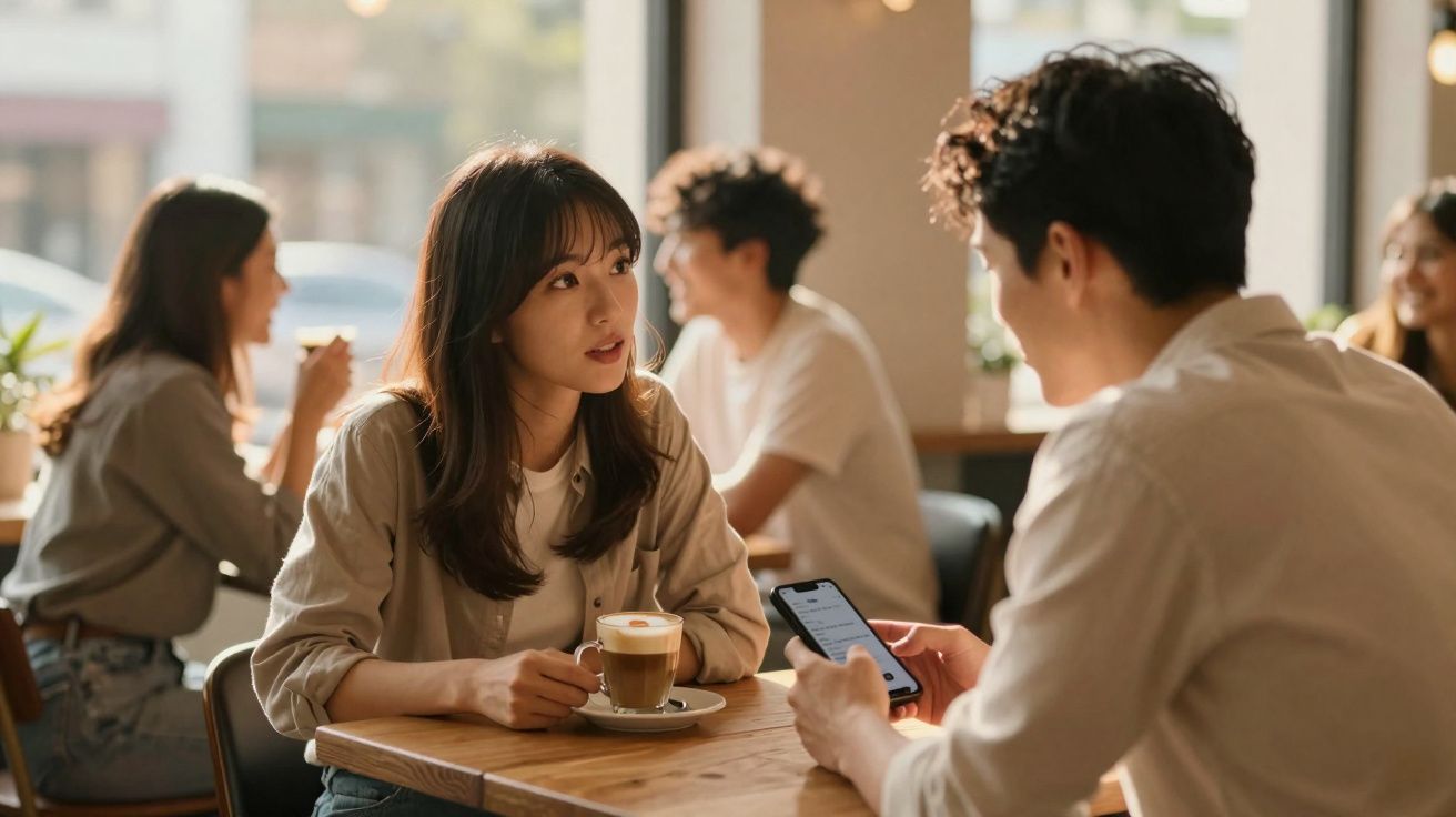 Jovens sentados num café, ela com chá e ele a usar telemóvel, ambos em conversa próxima e descontraída.