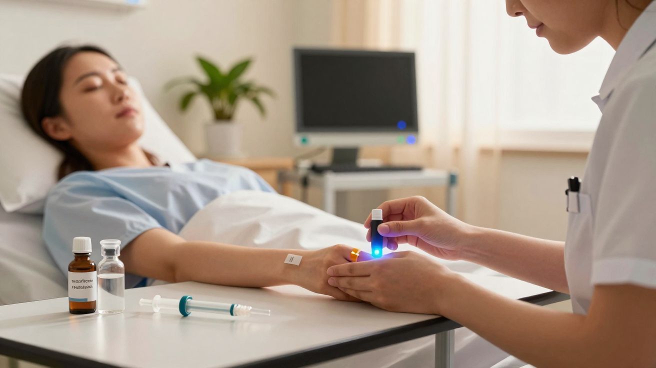 Paciente deitada na cama de hospital enquanto profissional de saúde aplica exame com luz azul na mão.