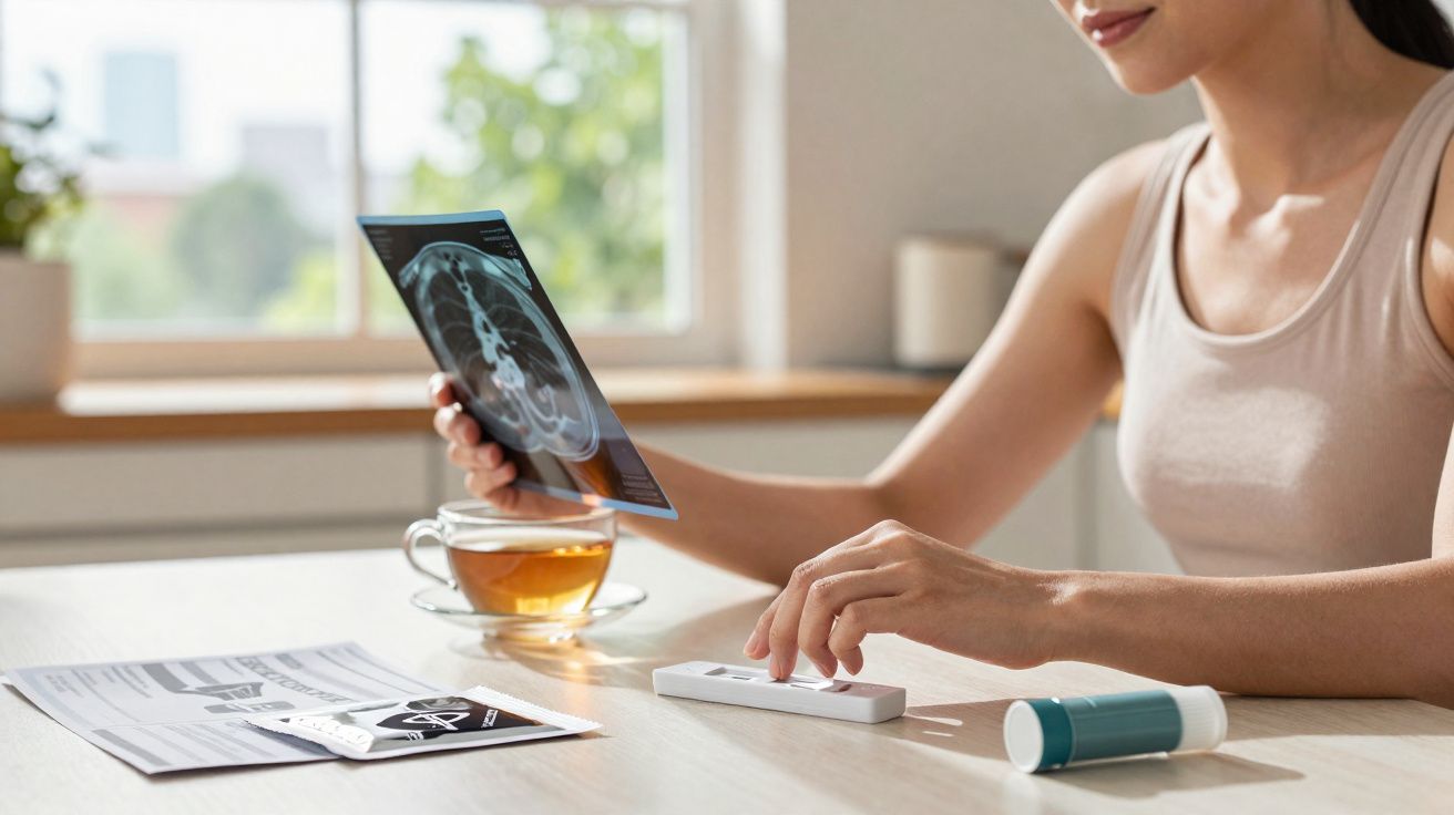 Mulher a analisar raio-x enquanto usa inalador e sistema de teste de saúde respiratória numa mesa.