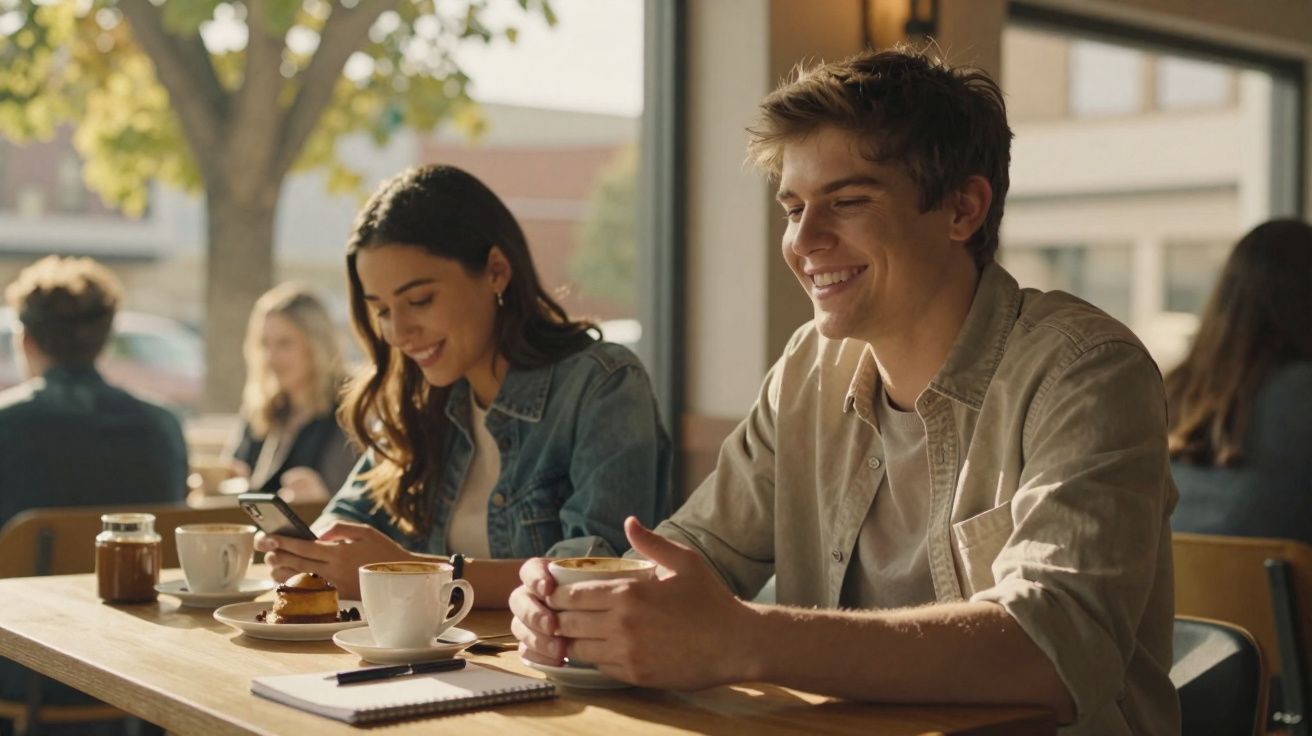 Jovem sorridente segura chávena de café enquanto mulher ao lado vê o telemóvel numa cafetaria iluminada.