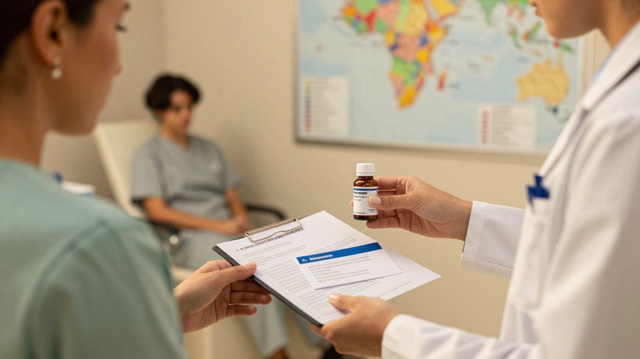 Profissionais de saúde discutem tratamento com medicamento em consulta médica, paciente ao fundo.