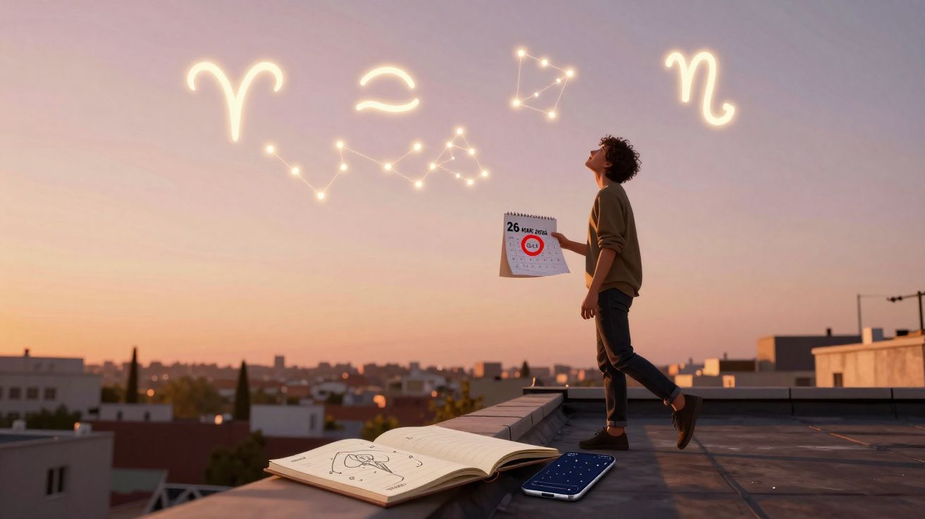Pessoa num telhado ao pôr do sol com calendário, livro e telemóvel, a observar constelações e símbolos brilhantes no céu.