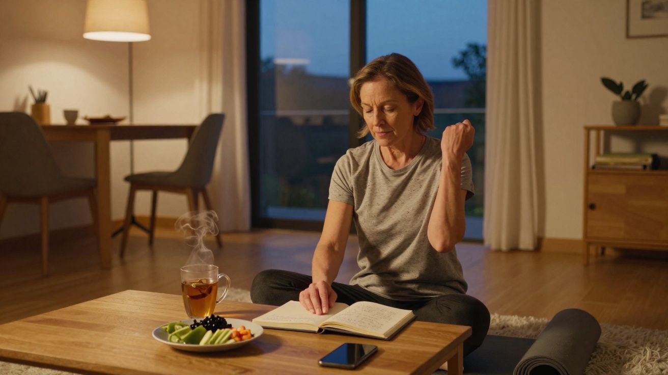 Mulher sentada no chão da sala a ler um livro, com chá e snack saudável na mesa de madeira à frente.