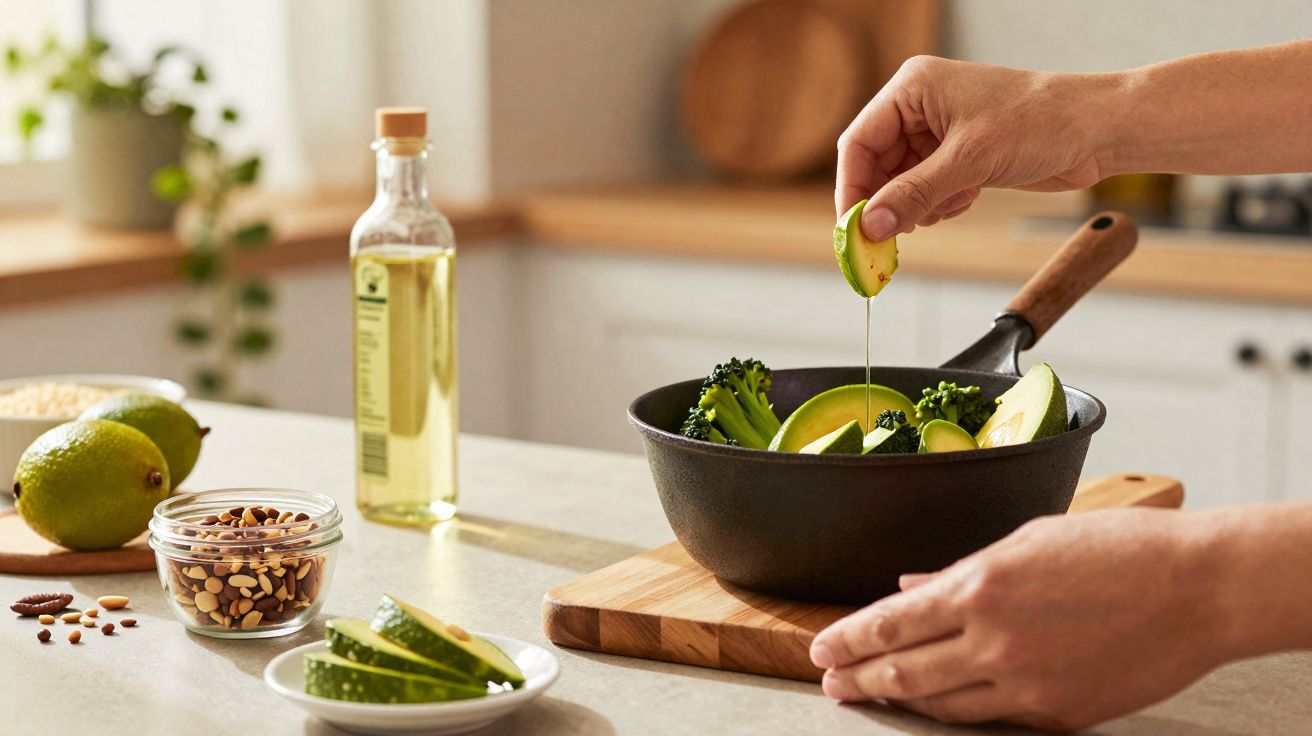 Pessoa a temperar salada com azeite na cozinha, com abacates, brócolos, frutos secos e limas ao fundo.