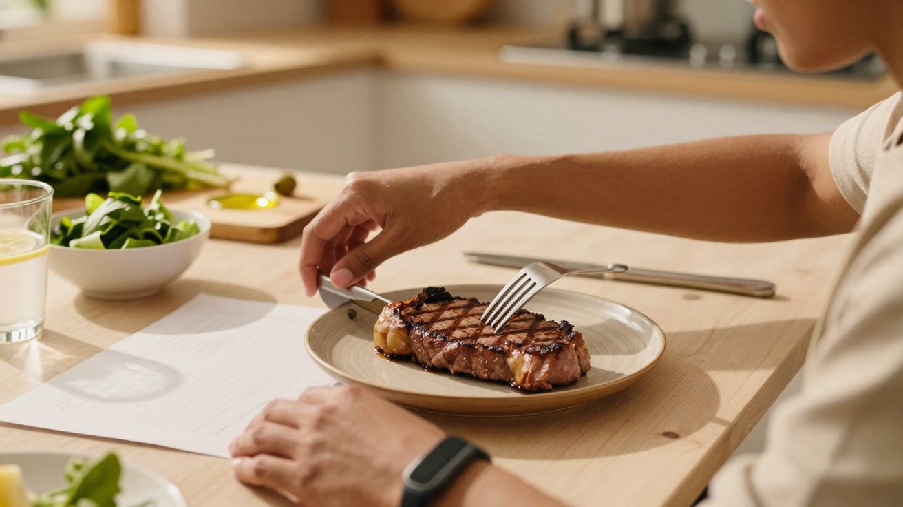 Pessoa a cortar um bife grelhado num prato, num ambiente de cozinha com salada e copo de água.