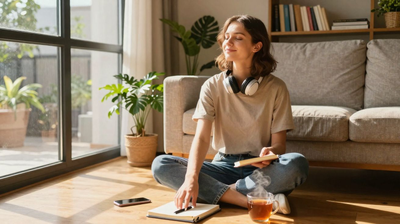 Mulher sentada no chão a meditar, com livro, caderno, auscultadores e chá perto, em sala iluminada.
