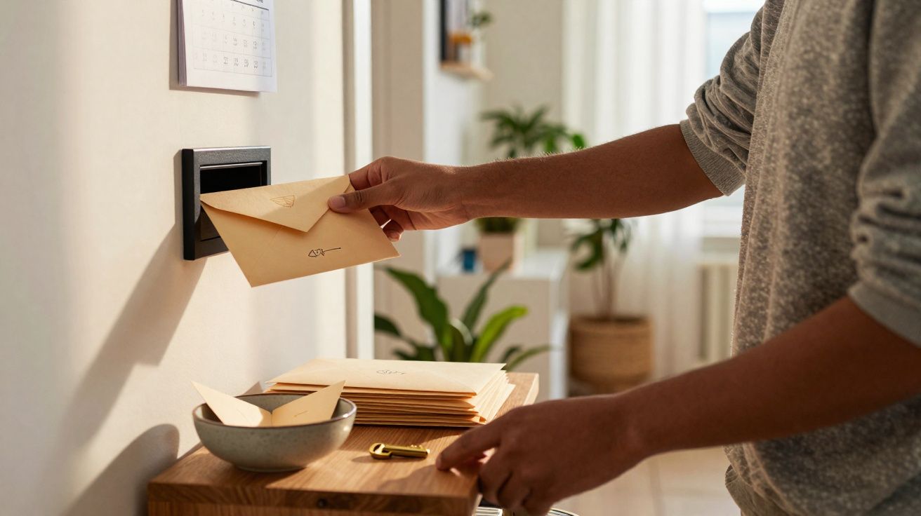 Pessoa a colocar carta no correio numa parede, com várias cartas sobre uma mesa de madeira.