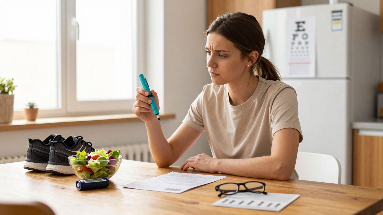 Mulher preocupada a medir a glicose no sangue sentada numa mesa com alimentos saudáveis e ténis.