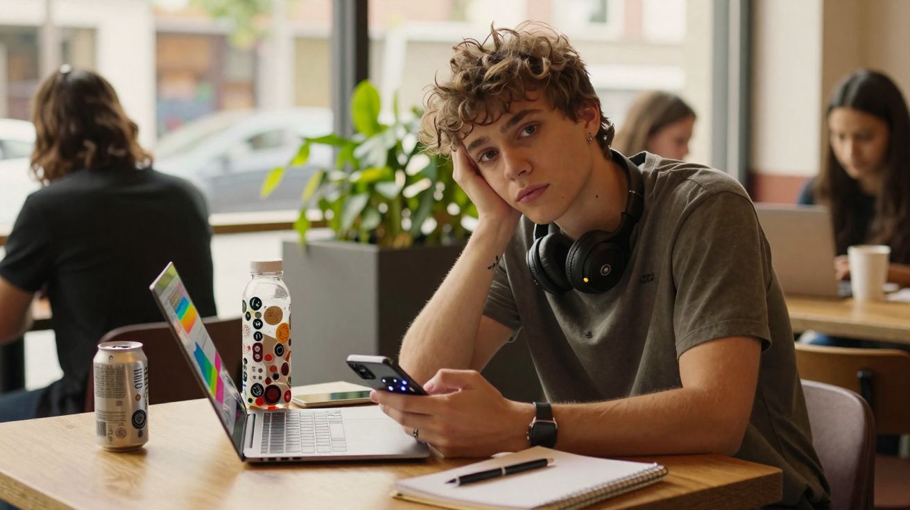 Jovem sentado numa mesa com computador portátil, telemóvel e auscultadores, olhando diretamente para a câmara.