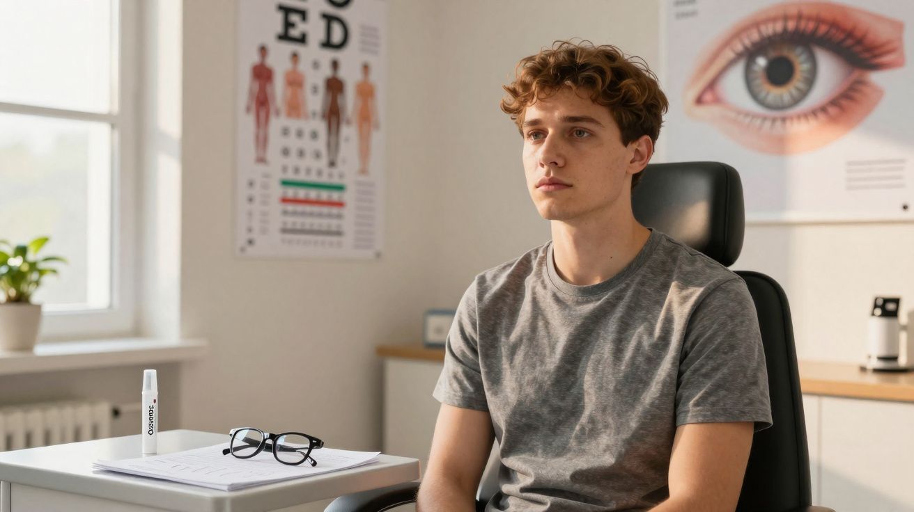 Homem jovem sentado numa clínica oftalmológica com cartazes de olhos e corpo humano ao fundo.
