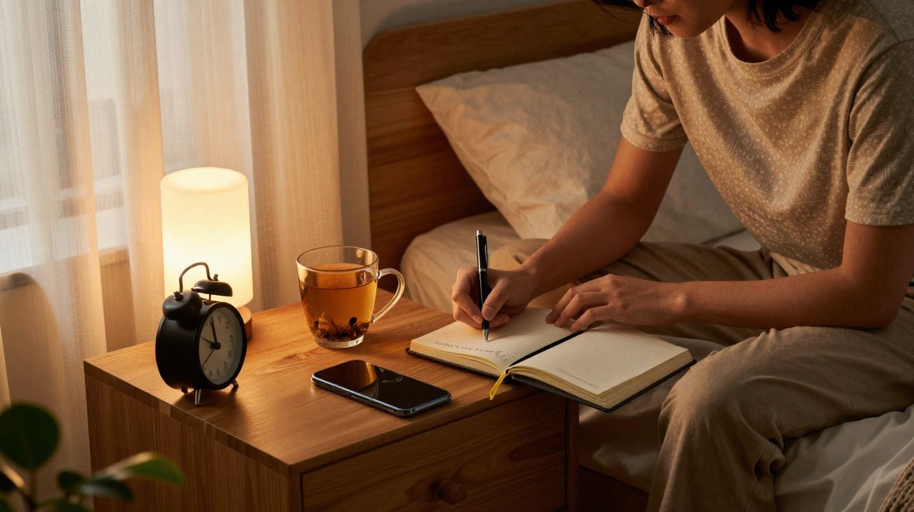 Pessoa a escrever numa agenda à beira da cama, com chá, telemóvel e despertador numa mesa de cabeceira.