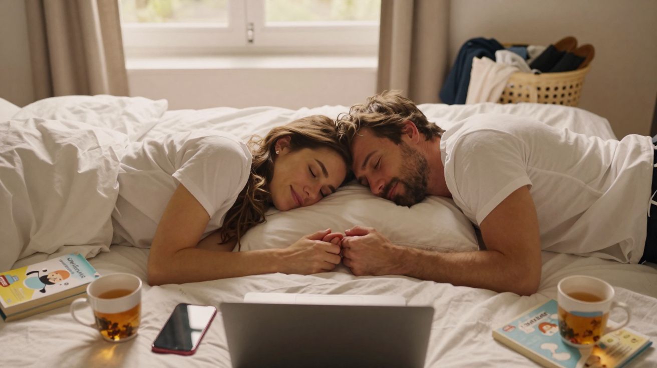 Casal deitado na cama, de mãos dadas, rodeado de chá, livros, telefone e computador portátil.