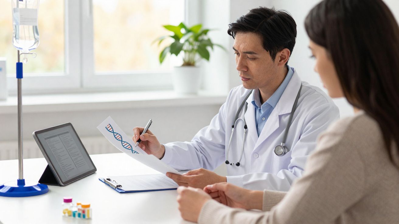 Médico explica resultados de teste genético a mulher durante consulta numa sala iluminada.