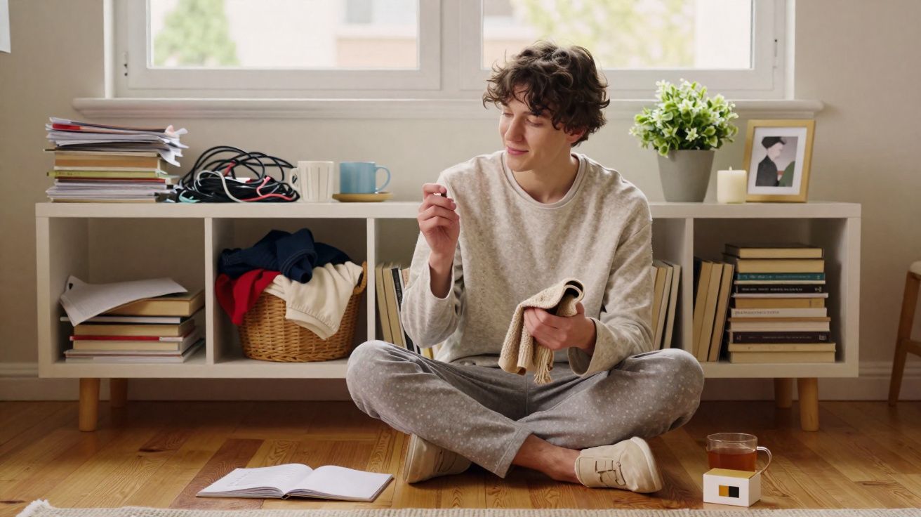 Jovem sentado no chão com livros, lendo e aquecendo as mãos em meias perto de uma estante branca.