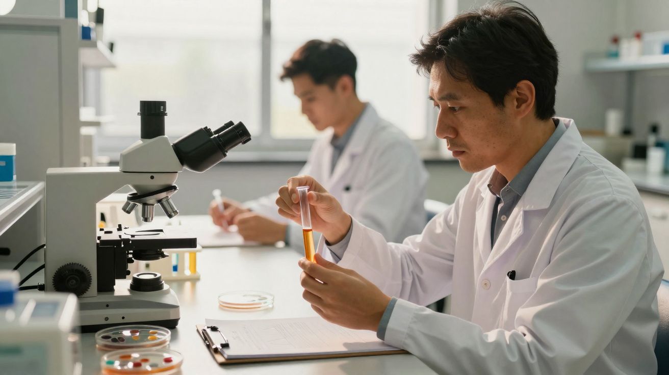 Dois cientistas asiáticos em bata branca trabalham num laboratório, analisando tubos de ensaio e anotando dados.