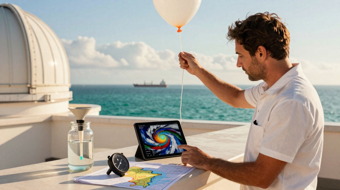 Homem a segurar balão e a analisar no tablet imagem de furacão junto a mapas e instrumentos no mar.