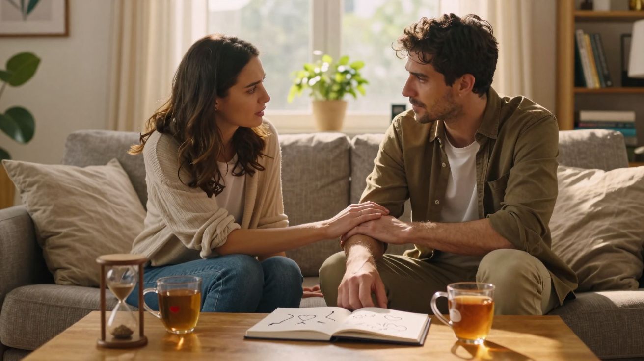 Casal sentado no sofá, mulher confortando homem enquanto olha para ele, com chá e desenho à mesa.