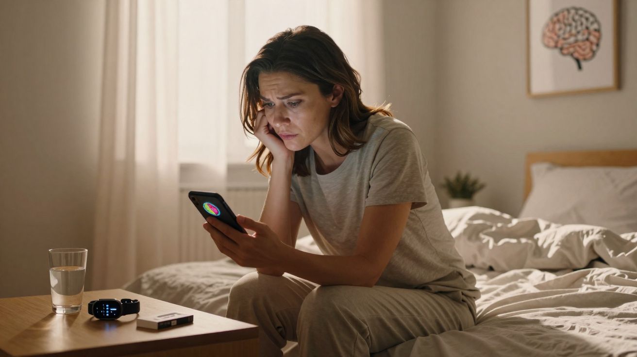 Mulher preocupada sentada na cama, olhando para o telemóvel num quarto com luz suave.