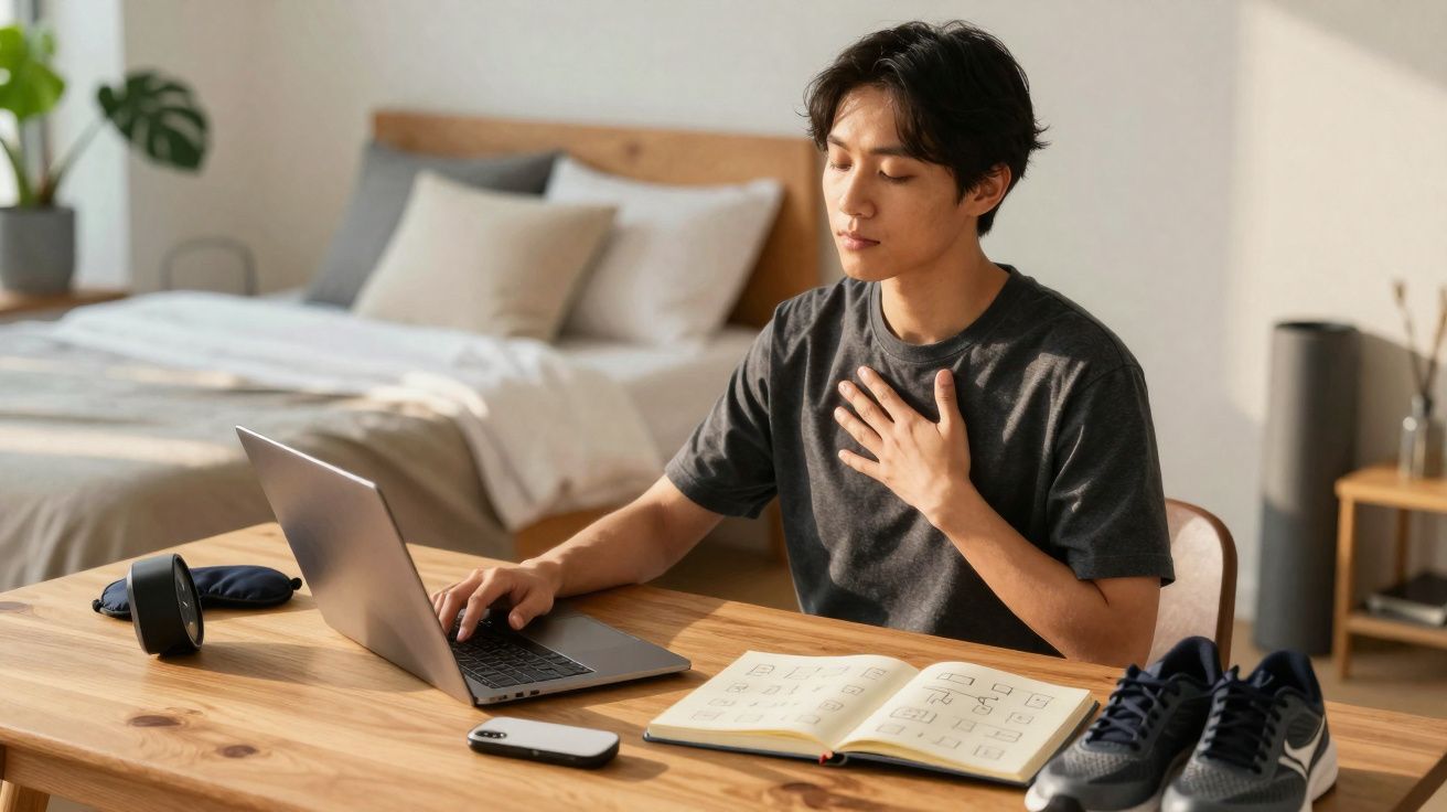 Jovem sentado numa mesa em quarto, usa computador portátil e toca no peito com expressão de dor.